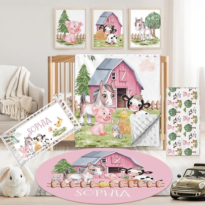 Personalized Baby Crib Bedding Set, 5 Pcs Custom Name Nursery Bedding Set for Girls Boys, Farm Animals Baby Crib Set for Toddlers Infants, Double Layer Bedding Crib Sets Customized Gifts