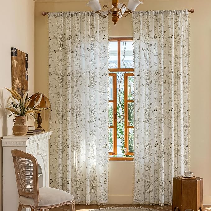 ENJOYBRIDAL Floral Curtains 96 Inch Long Boho Semi Sheer Drapes 2 Panels Bedroom Living Room Farmhouse Window Curtain Panels Rod Pocket French Country Vintage Cute Window Treatments