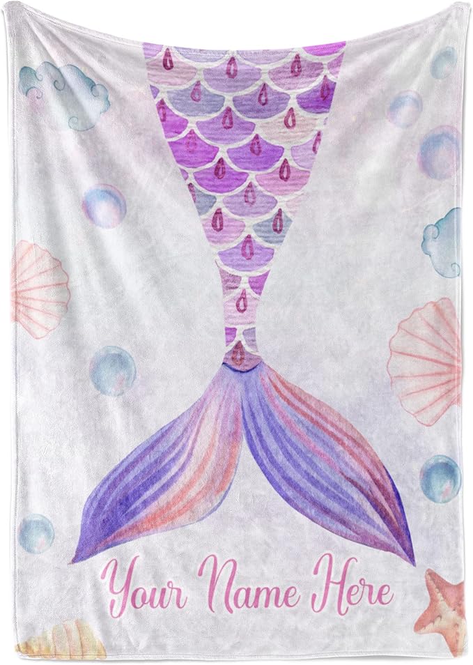 Personalized Blanket for Girls | Custom Mermaid Fleece Throw | Purple Kids Throw | Baby Girl Blanket for Room Décor | Girls Room | Kids Blanket | Mermaid Gifts (Sherpa – 50x60)
