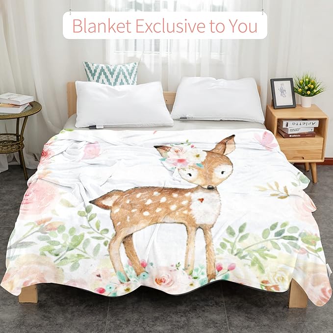Personalized Deer Blanket with Name for Girl, Custom Name Blanket for Teen, Soft Flannel Deer Blankets Customized Gift for Birthday 50"x60"