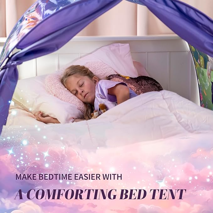 Unicorn Themed Toddlers Canopy Tent for Bed | Magical Glow-in-The-Dark Elements & Friendship Affirmations | Cozy Kids Bed Tent Twin for Bedtime Reading Nook & Imaginative Play