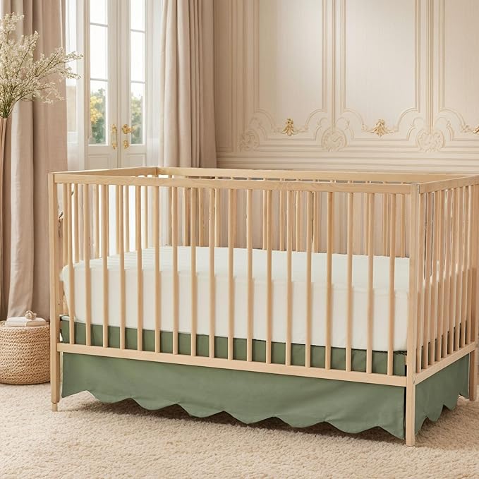 Brandream Scallop Edge Cotton Crib Skirt Toddler Bedskirt Baby Nursery Crib Bed Skirt Boho Bohemian Neutral Solid Color Vintage Sage Green Farmhouse Chic Boho Bohemian Skirt