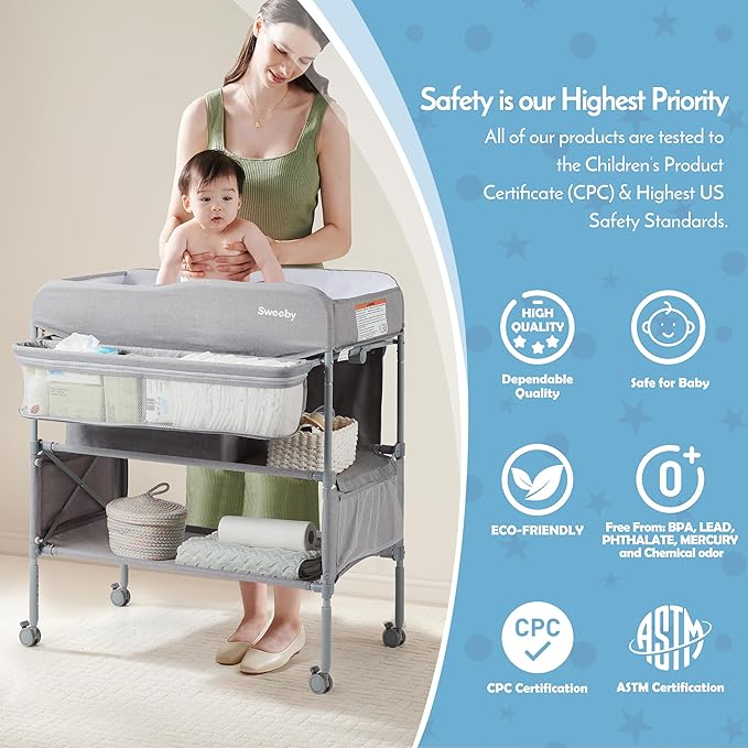 Sweeby Portable Baby Changing Table, Foldable Diaper Changing Station with Waterproof Pad, Mobile Nursery Organizer for Infant & Newborn Essentials, Grey