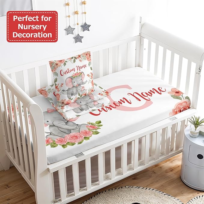 Personalized Baby Crib Bedding Set,3 Piece Custom Name Nursery Set with Blanket, Fitted Sheet & Pillowcase for Baby Girls & Boys, Elephant Floral Theme(Fixed Size)