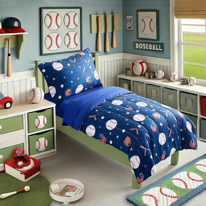 4 Pieces Baseball Toddler Bedding Set for Boys Gilrs Navy Blue White Stars Toddler Bed Set with Baseball Bat Cap Gloves Cute Toddler Bed in a Bag with Navy Blue Sheet Set and Pillow Shams