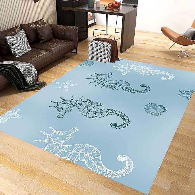 Seahorse Starfish Area Rugs, 4x6ft, Coastal Marine Animal Shell Nautical Rug for Bedroom, Pet Friendly Absorbent Carpet, Floor Decor Dirty Resistant Durable Mat for Bath Room Girls Boys