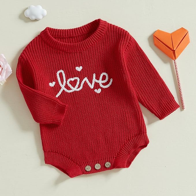 Lesimsam Newborn Baby Boy Girl Valentines Day Outfit Oversized Embroidery Long Sleeve Knit Sweater Bubble Romper Bodysuit