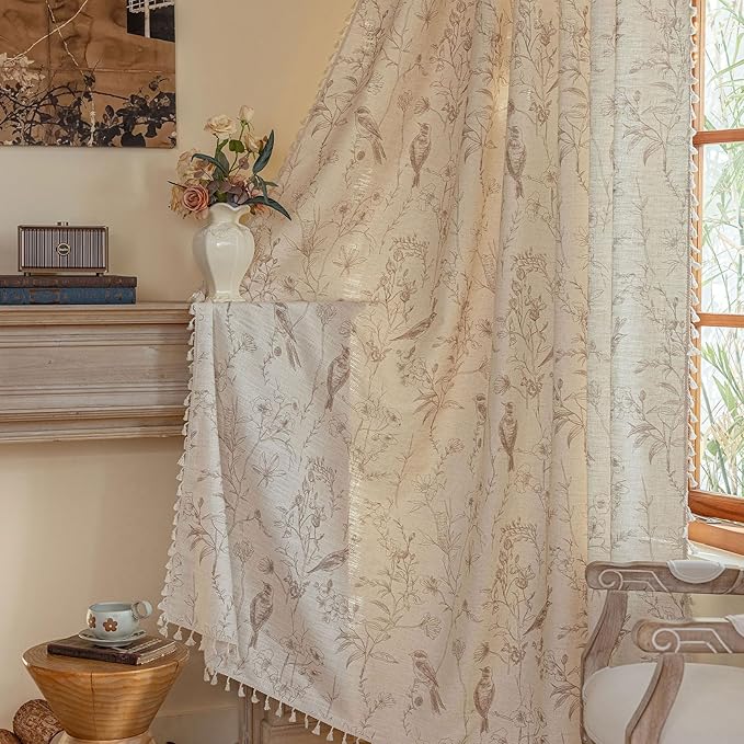 ENJOYBRIDAL Floral Curtains 96 Inches Long Farmhouse Semi Sheer Drapes Bird Patterned Rod Pocket 2 Panel Sets Boho Window Curtains Bedroom Living Room Botanical Aesthetic Decor Tassel Window Treatment