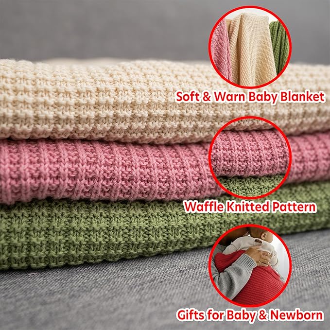 Baby Knit Blanket, 100% Cotton Waffle Patterns, Soft, Cozy, Lightweight Swaddle for Newborn & Infant Swaddling Beige Neutral, Perfect Baby Shower Ideas Red 30x30