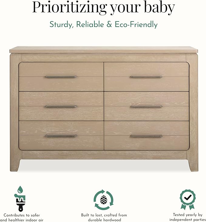 Evolur Oakley Double Dresser – 6 Drawer Nursery & Bedroom Dresser, Solid Poplar Wood Storage Organizer, Weathered Grey Finish, Durable Modern Design