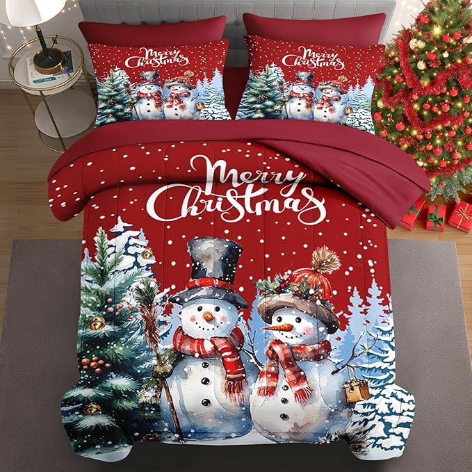 7 Pcs Full Size Christmas Comforter Set with 2 Pillowcases & 2 Shams, Winter Wonderland Bedding for Kids and Adults, Happy Snowman Bed in a Bag with Flat Fitted Sheet