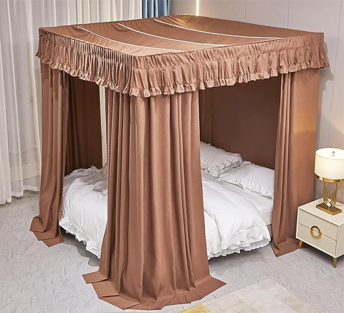 VETHIN Elastic Roof Style Four Corner Post Princess Bed Canopy Curtains Cozy Breathable Tent Canopy Mosquito Net for Girls & Adults Bedroom Decoration (Brown, 59-64" W*82" L*82"*H/(Queen))