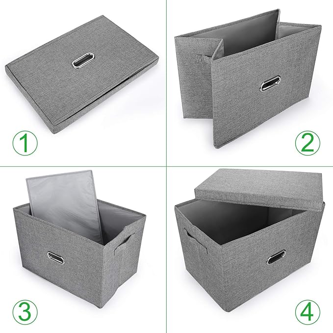 Large Linen Fabric Foldable Storage Bins with Removable Lid and Handles, Washable Storage Box Organizer Containers Baskets Cube with Cover for Bedroom,Office(Black, Medium(2-Pack))