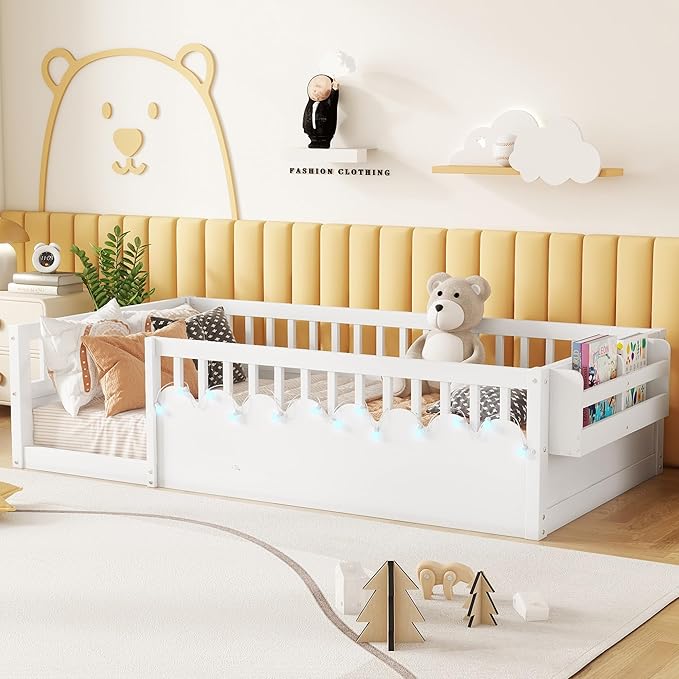 Twin Size Montessori Bed, Wood Twin Montessori Floor Bed with High Rails & Storage Shelf, Baby Floor Beds with LED Light for Boys & Girls, White
