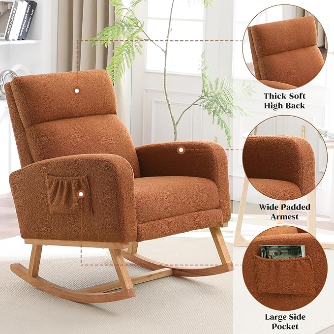 Rocking Chair Nursery with Foot Rest, Nursing Rocking Chairs for Mom Nursery, Teddy Rocker Glider with High Backrest for Living Room, Bedroom, Brown