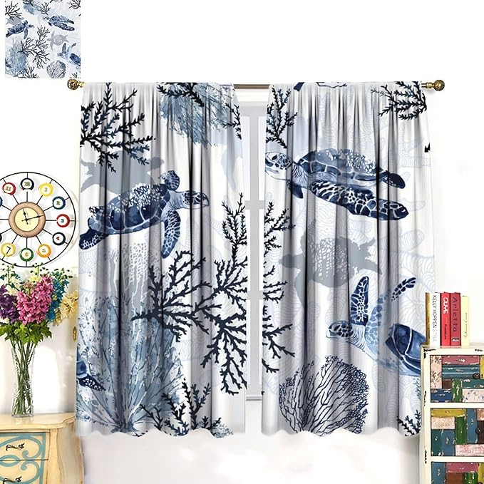 Coastal Nautical Curtains, Turtle Beach Sea Seashell Theme Pattern Blackout Print Home Bedroom Living Room Window Treatmen 2 Panel Set 55x63 Inch