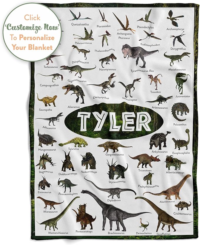Personalized Dinosaur Blanket for Kids, Ships Next Day - Dino Throw Blanket for Boys and Girls, Toddler Bed, Room & Bedroom Decor - Educational Blankets for Children - USA Based (60x80, Sherpa)