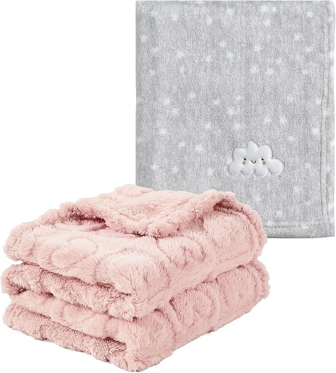 CREVENT 2Pcs 30''X40'' Cute Cozy Fluffy Warm Baby Blankets for Infants Toddlers' Bedding Crib Cot Stroller - Grey Cloud + Pink Sherpa