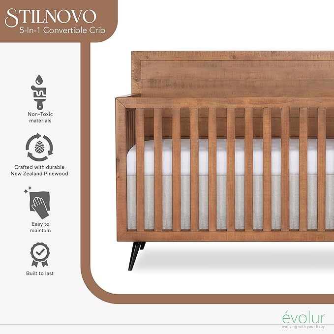Evolur Stilnovo Mid Century 4-in-1 Convertible Crib in Sugarcane, Greenguard Gold Certified, 3 Mattress Height Settings, Modern Nursery, Wooden Furniture
