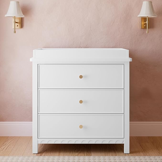 Graco Sasha 3-Drawer Chest with Changing Table Topper (White) – GREENGUARD Gold Certified, Nursery Bedroom Wood Chest with Spacious Storage, Interlocking Drawer System, Pre-Installed Tracks