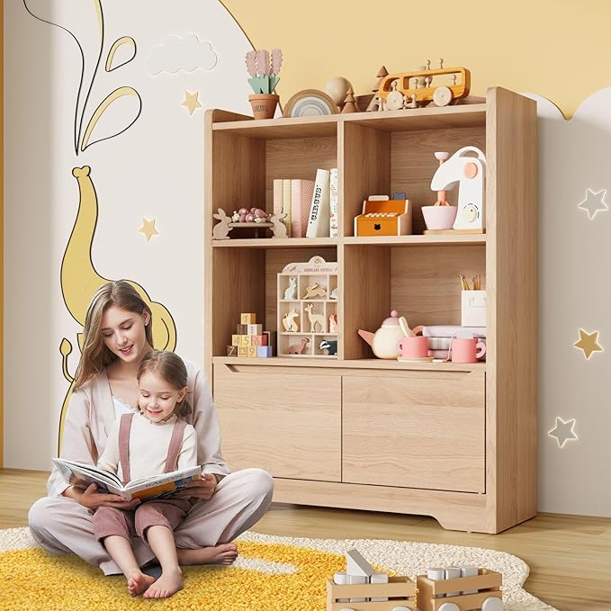 Kids Bookshelf and Toy Organizer, 2 Tier Kids Book Shelf for Kid Rooms with 2 Doors, 4 Cubes Storage Organizer,Wood Children Bookcase,Freestanding Toddler Book Display Shelf for Playroom