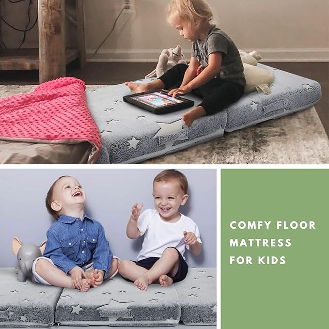MeMoreCool Foldable Floor Mattress for Kids, Toddler Floor Nap Mat for Sleeping Daycare, Small Child Foldable Mattress Floor Bed, Trifold Futon Portable Tri Folding Mattress, Glow 75x25 Inch