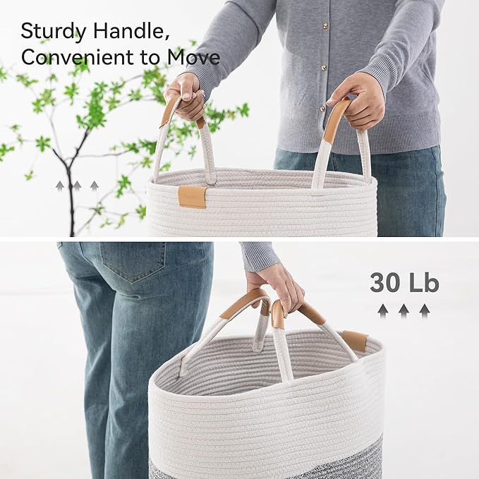75L Striped Laundry Hamper with Leather Handles,Large Foldable Laundry Basket for Clothes,Cotton Rope Storage Bin for Blankets,Woven Clothes Basket for Bedroom,Gray Stripes