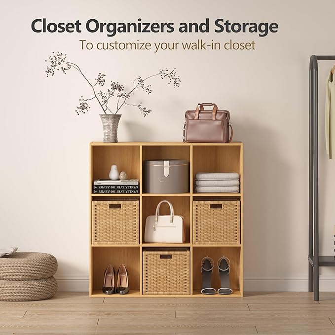 8 Cube Storage Organizer Bookshelf, Closed Back Display Bookcase, Cubby Shelf for Home Office, Living Room, Bedroom, Kids Room, Large Capacity Toy Storage, 35.98" L x 9.45" W x 35.91"H, Natural Wood