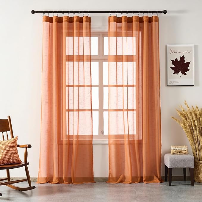 Burnt Orange Curtains Sheer 102 Inch Long, Rustic Linen Look Textured Light Filtering Drapes, Western Boho Transparent Window Decor, Floor to Ceiling Pinch Pleat Curtain with Hooks