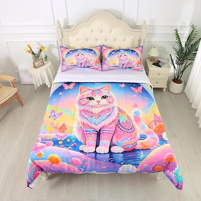 Rainbow Cat Comforter Set: Twin Size Cute Colorful Cat Bedding for Kids Teen Girls Room Decor Kawaii Purple Pink Ethnic Kitten Quilt Floral Feline Castle Bed Sets 2 Piece