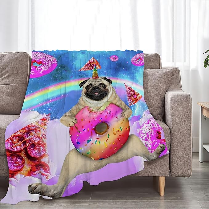 Pug Blanket Funny Pug Gifts for Girls Boys Woman Kids Doughnut Pizza Lover Dog Throw Blankets Soft Blanket Warm Fleece Flannel Plush Blankets for Bed Sofa Couch 60"x80"