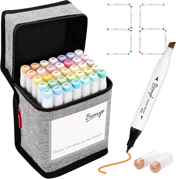 Bianyo 36 Pastel Colors Alcohol Markers Set, Dual Tip Fine and Chisel Art Markers Set with Black Travel Case with a Designable Card for Coloring, Sketching, Drawing, Outlining, Highlighting