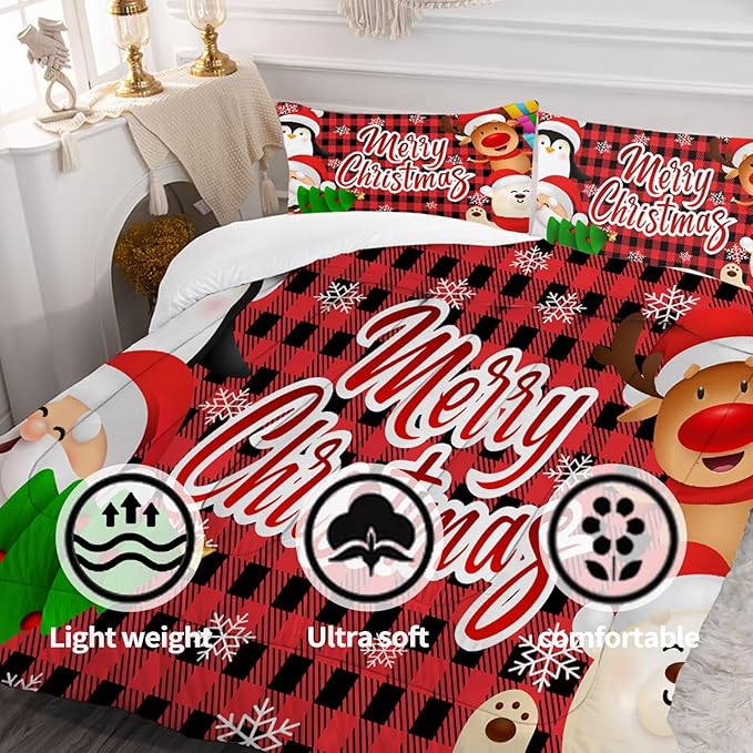Christmas Comforter Set Queen Size Black and Red Plaid Bedding Sets Xmas Gift Christmas Themed Festival Winter Quilt Set,1 Comforter + 2 Pillow Cases