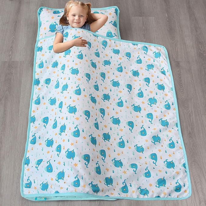 Biloban Toddler Nap Mat with Pillow and Blanket, Cot Nap Mats for Daycare Preschool, Portable Travel Sleeping Bag for Kids, Warm & Skin-Friendly, Blue Whale, 50" x 21"