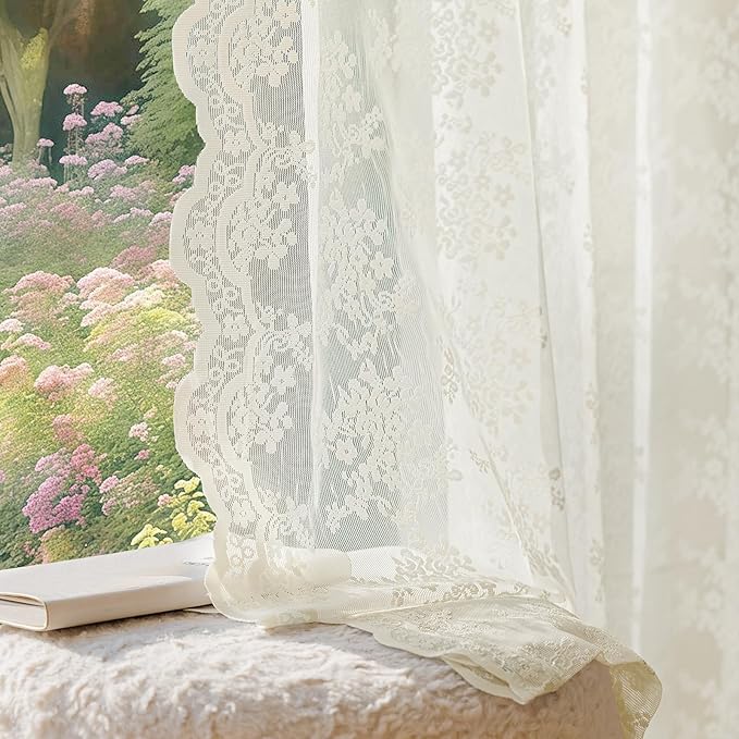 Anmao Vintage Lace Curtains 45 Inches Long 2 Panels Set, Romantic Elegant Light Filtering Semi Sheer Floral Thick Lacy Curtain Drapes for Living Room and Bedroom, Each Panel 55W x 45L, Ivory