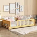 Floor Bed with Rails and Door Twin Size, Wood Montessori Floor Bed with Storage Bookcase, Kids Bed Frame with Fence for Boys Girls, Natural