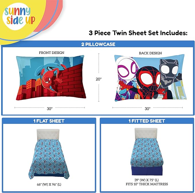 Sunny Side Up Kids Sheet Set Includes Sheets and Pillow Cover - 100% Microfiber Bedding and Room Decor, Blue - Spiderman, 3 Piece Twin