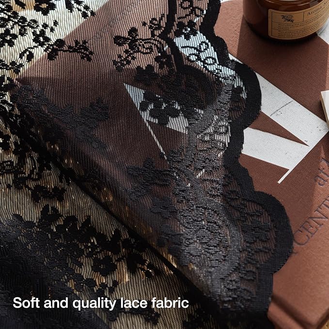 Anmao Vintage Lace Kitchen Curtains 18 Inches Long 2 Panels, Romantic Semi Sheer Floral Over Sink Lacy Cafe Curtain, Elegant Window Short Small Drapes, 55W x 18L, Black