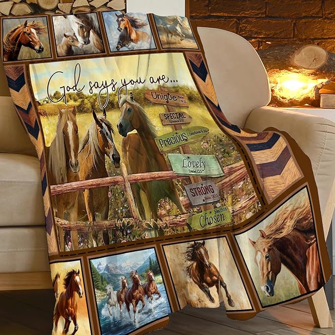 Horse Blanket Motivational God Say You are Throw Blankets Gifts for Girls Boys Cozy Warm Soft Fuzzy Flannel Throws Plush Stuffed Animal Western Horses Fleece Gifts for Men Women for Sofa Bed 50"x60"