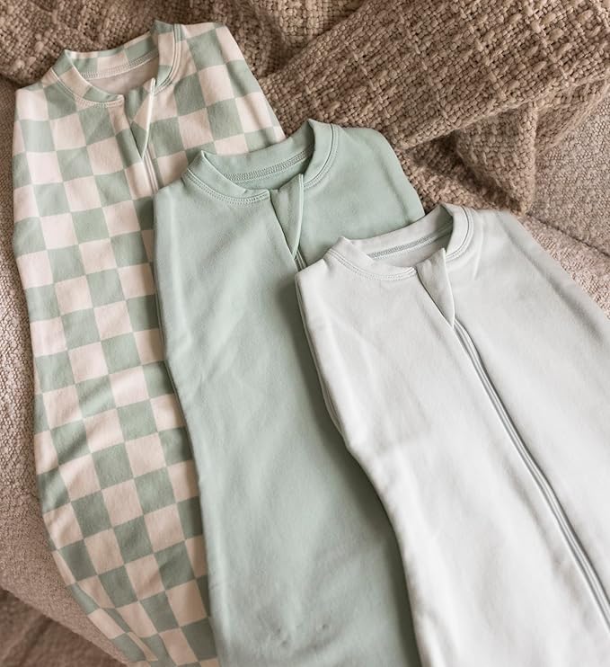 Tiny Twinkle Baby Sleep Sack 0-3 Months 1.0 TOG, Cotton & Elastane Wearable Blanket, Swaddle Transition Micro-Fleece, Machine Washable (Sage Checkers)