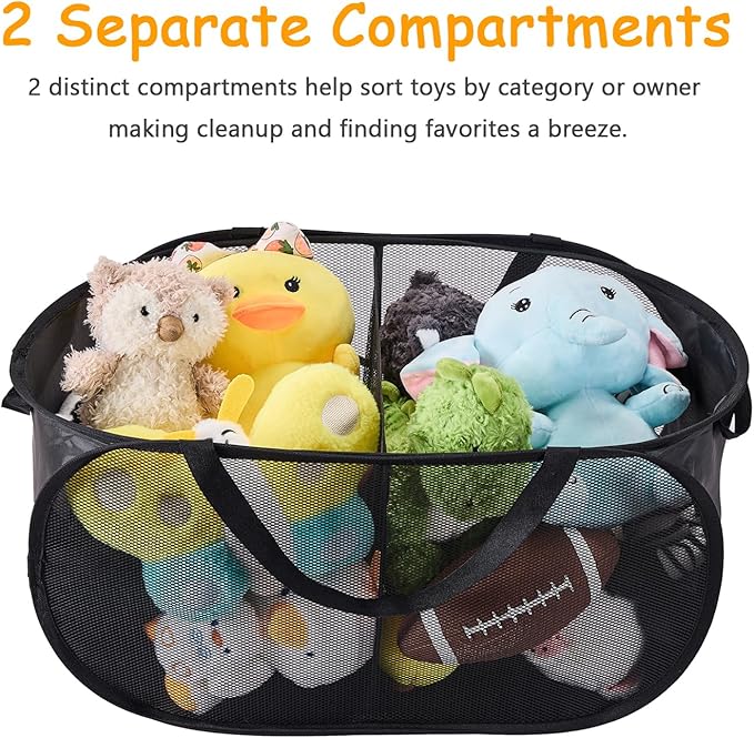 Large Toys Storage Basket Organizer Box for Kids, Boys, Girls - Foldable Toy Storage Bins with Dividers & 2 Sturdy Handles for Living Room, Bedroom, Playroom, Kidsroom (Black, 2 Compartments)