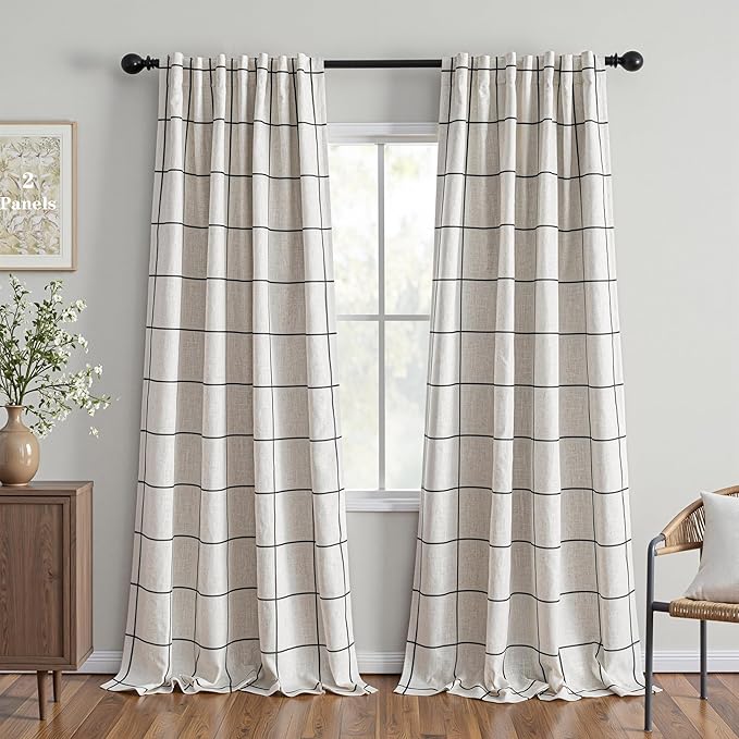 MYSKY HOME 100% Blackout Plaid Farmhouse Linen Curtains 102 Inch Long for Living Room Double Layer Windowpane Drapes Thermal Insulated Privacy Protection Rod Pocket Back Tab, 2 Panels, 52" W, Black