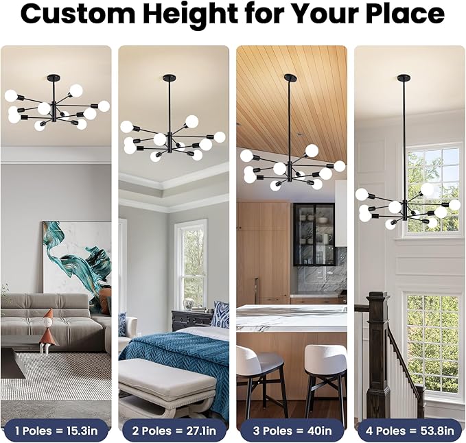 Modern Sputnik Chandeliers Light, 10-Light Black Chandeliers for Dining Room, E26 Height Adjustable Chandelier Ceiling Lighting Fixture for Farmhouse Kitchen Island Living Room Foyer