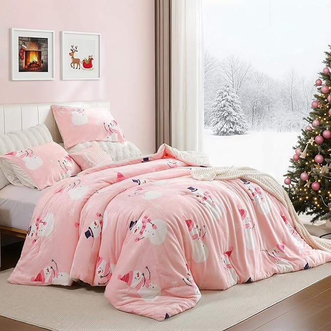 JANZAA Christmas Comforter Set Queen, Pink Flannel Comforter with Snowman Pattern, Soft Cozy Lightweight Bedding Set Fluffy Comforter Set 1 Queen Comforter(90"*90") and 2 Pillowcases (20"*26")
