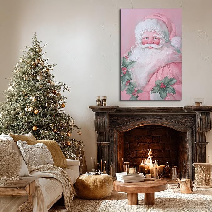 YONICA Christmas Canvas Wall Art Pink Santa 36x46 Inch Soft Pastel Holiday Art for Nursery - Large Framed Gallery Wrapped Kids Room Decor