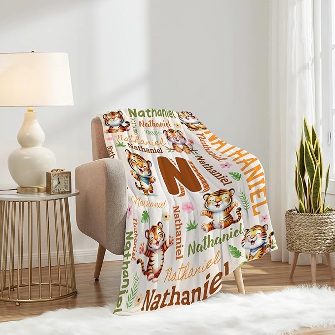 Personalized Custom Tiger Blanket Gifts for Kids Boys Girls with Name - Customized Tiger Super Soft Lightweight Flannel Sheets Decor for Crib Nap Couch - 60"x80" for Adult