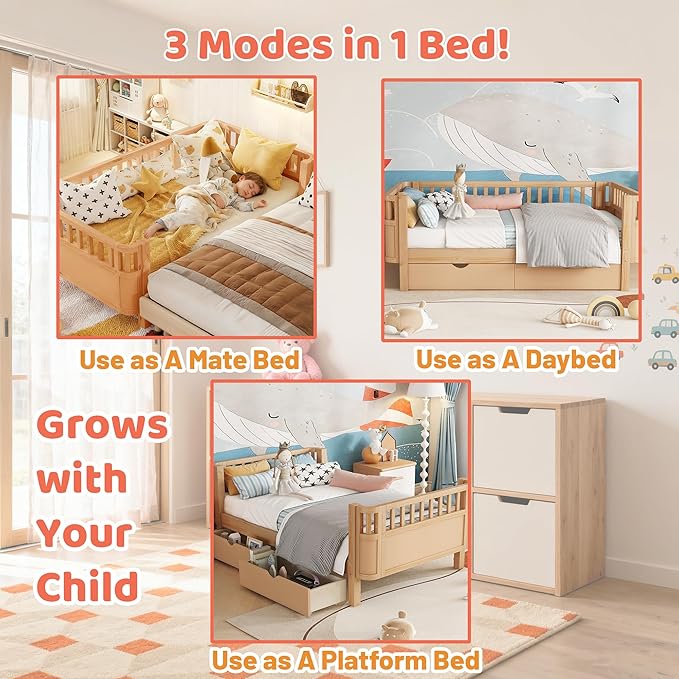 Twin Kids Bed with Storage Drawers & Rails, Wood Low Montessori Beds with Detachable Side Rails & Slats, Modern Daybed for Boys Girls Bedroom, Kids Twin Platform Bed, Natural