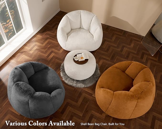 Giant Bean Bag Swivel Chair for Adults with Ottoman - Comfy Plush Round Shell Soft Accent Chaise Lounge Indoor Reading Chair, Oversized Cozy Floor Sofa for Living Room, Bedroom Dorm, Gray