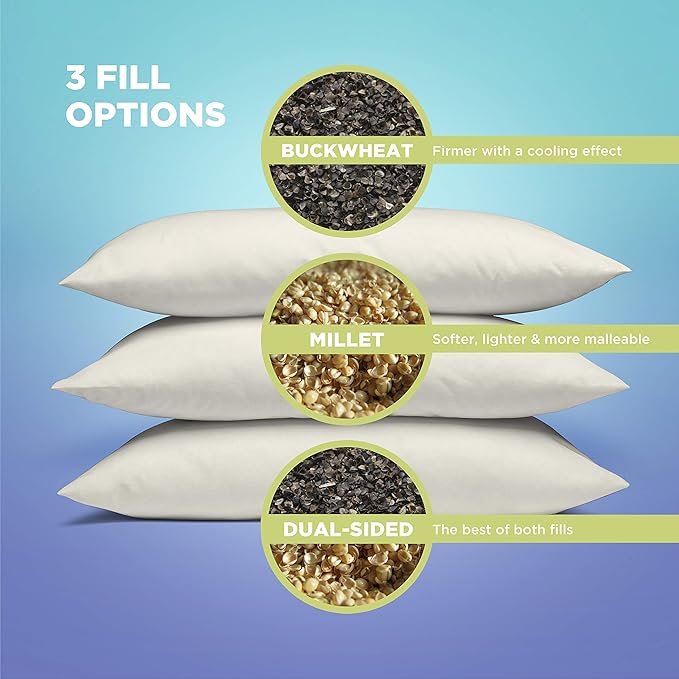 Bean Products 20" x 26" Standard Bed Pillow for Sleeping – Organic Buckwheat Fill with Organic Cotton Fabric, Soft Head Pillow – Eco-Friendly, Breathable, and Durable Sleep Aid, Made in The USA