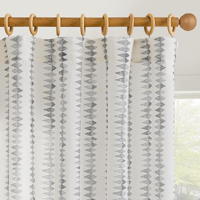 jinchan Linen Nursery Curtains for Living Room Boho Curtains for Bedroom Kids Room 63 Inches Long Geometric Printed Farmhouse Drapes Rod Pocket Window Treatment Curtain Set of 2 Panels Gray